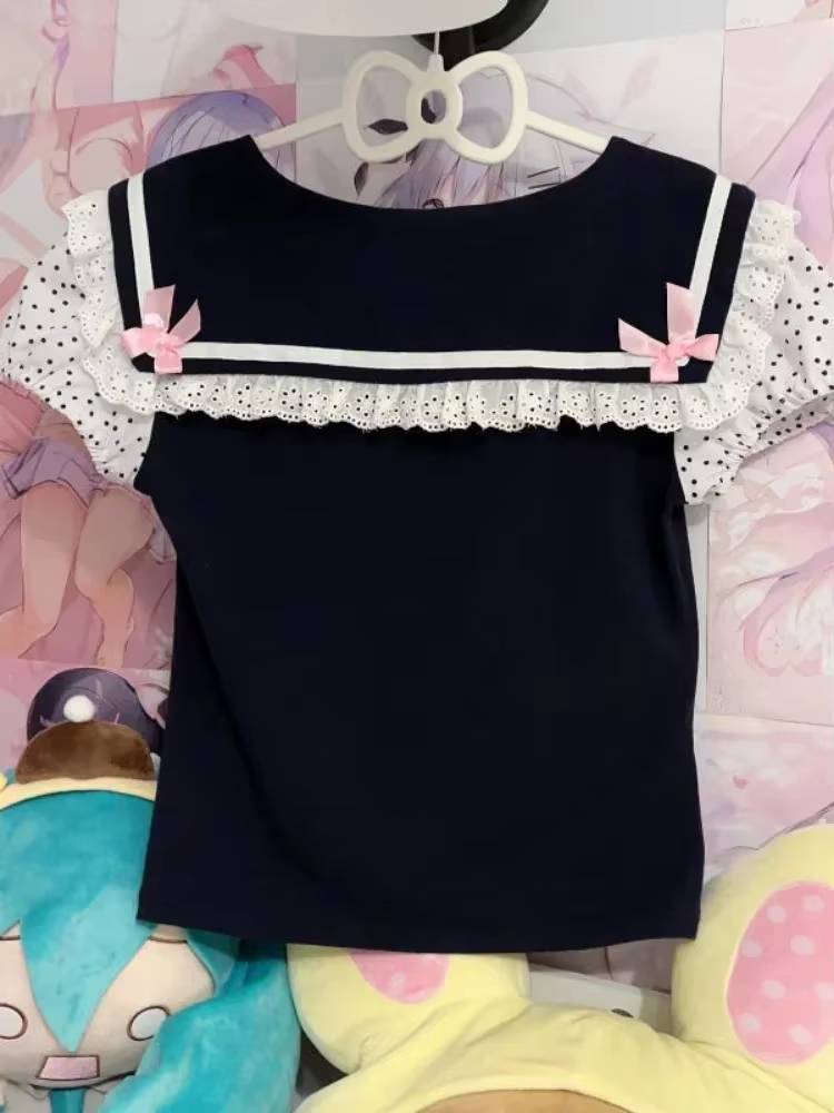 Japonais Y2k dentelle T-shirt femmes Kawaii dessin animé broderie graphique t-shirts Harajuku mode décontracté arc hauts