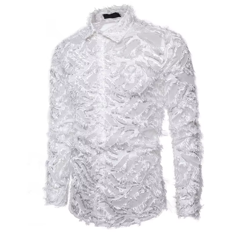 Chemise noire sexy à manches longues et plumes pour hommes