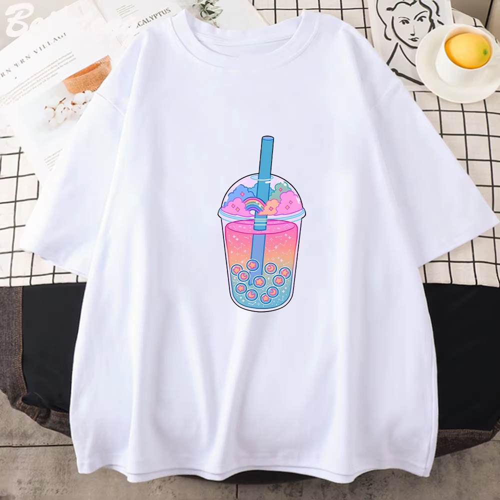 Boba Tea – T-shirt noir à manches courtes pour femme