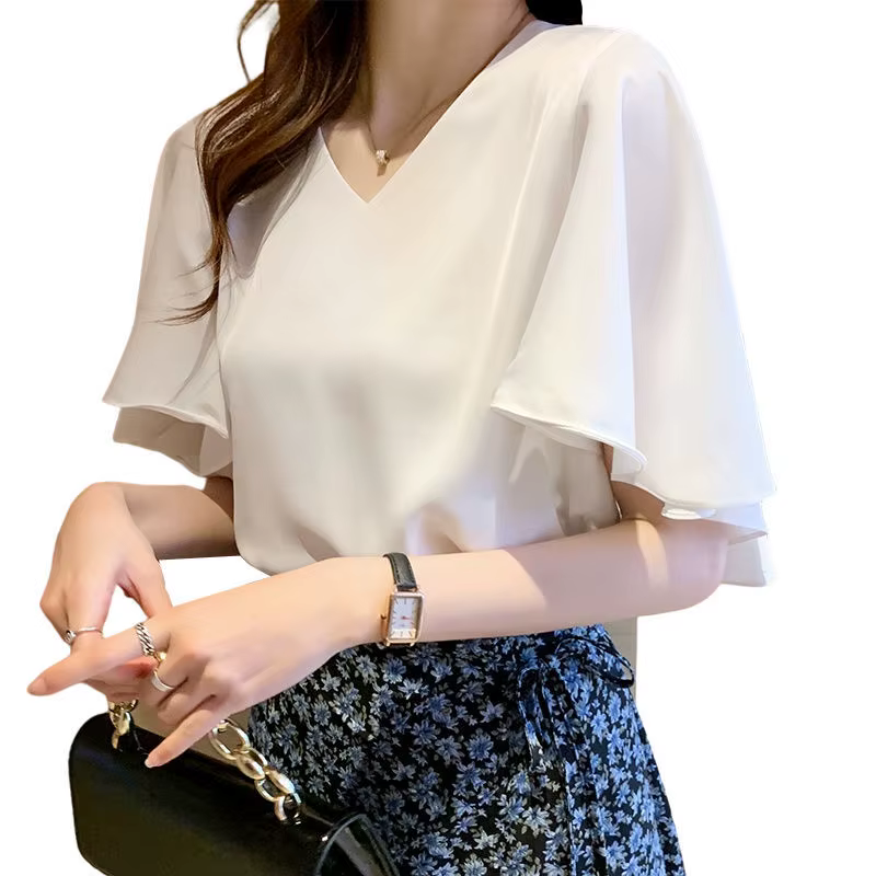 Chemisier Femme Col V Uni à Manches Papillon – Nouvelle Collection Été Décontractée Ample pour le Bureau