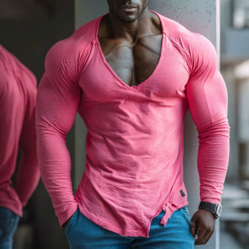 T-shirt de fitness basique pour homme, col en V, haut décontracté, tenue de rue quotidienne, sports de plein air, entraînement en salle de sport, jogging et loisirs