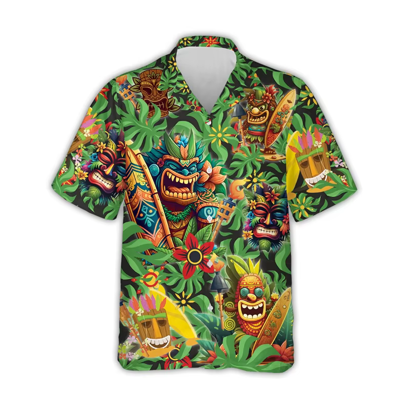 Chemise Tiki Hawaïenne Imprimée en 3D pour Homme
