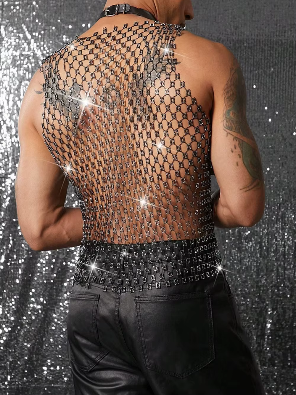 Débardeurs hommes strass résille brillant haut musculaire homme voir à travers gilet rond paillettes sans manches T-Shirt fête discothèque vêtement