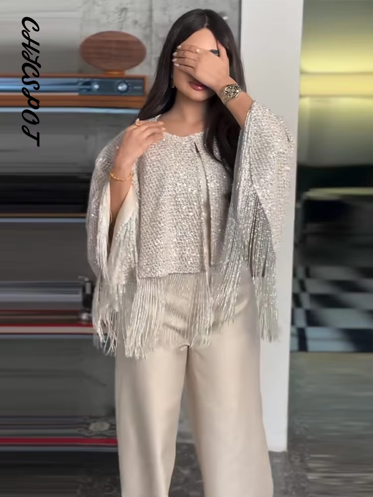 Tops châles oversize à sequins et franges pour femmes, col rond sexy, manches longues, brillants, coupe ample, capes chic pour soirées et clubs