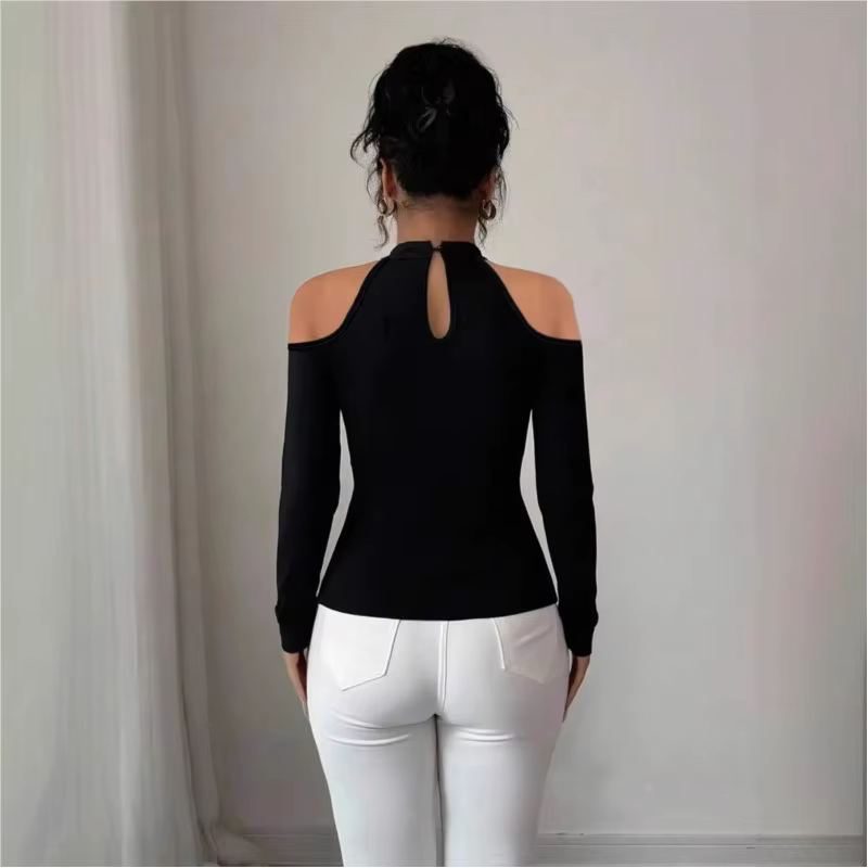 Nouveau T-shirt à épaules dénudées avec appliqué ajouré