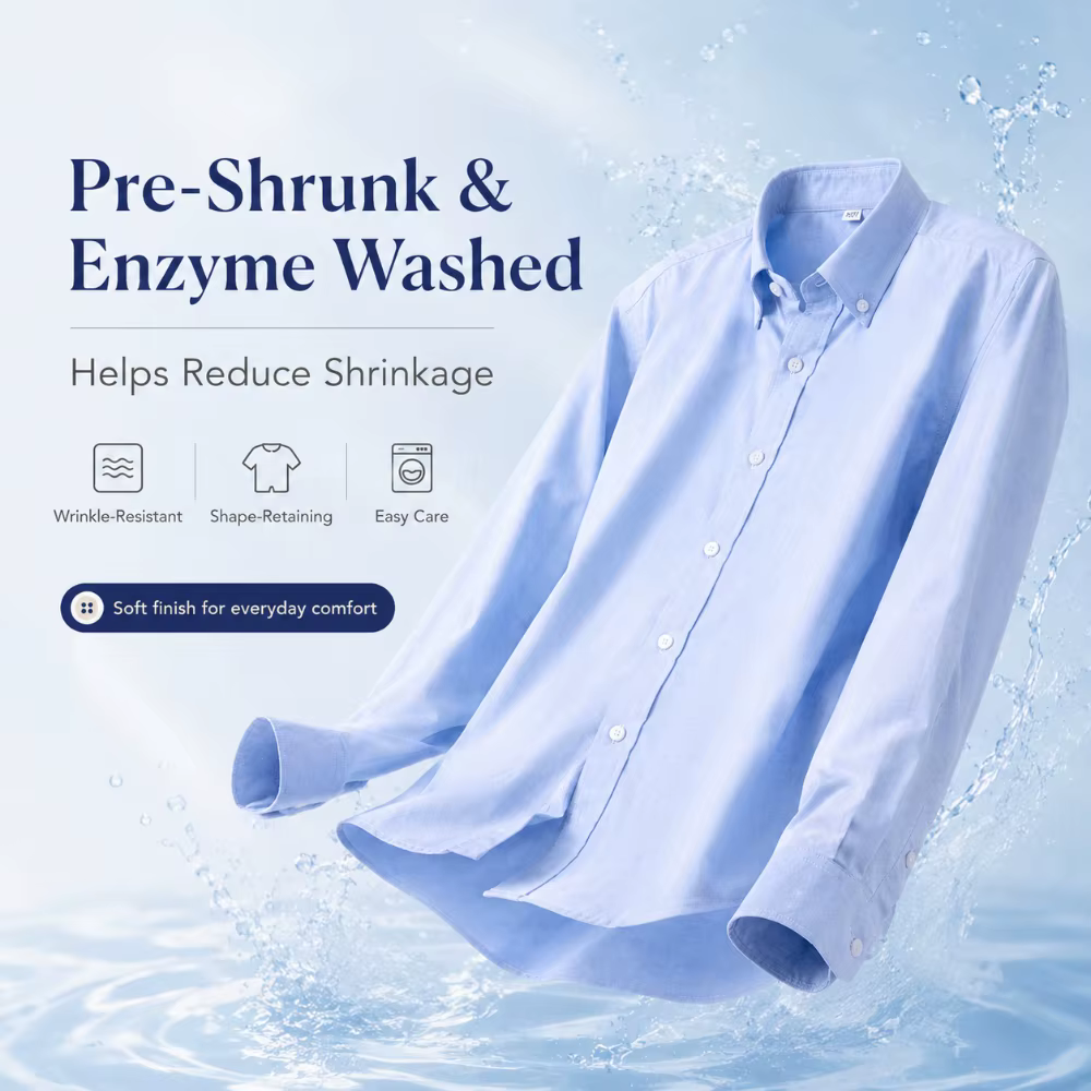 Chemise Homme Oxford Coton Manches Longues Button Down Casual Business Pré-Rétrécie Lavage Enzymatique Respirante Anti-Froissage