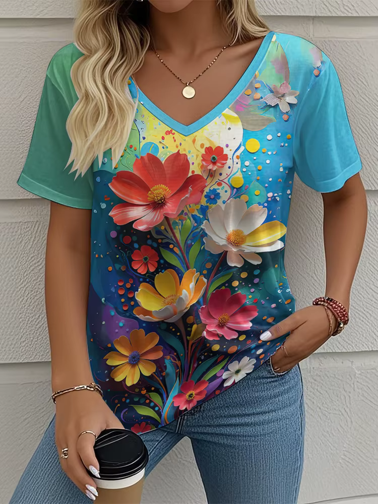 T-Shirt femme motif Floral imprimé décontracté col rond manches courtes hauts rue mode surdimensionné t-shirts vêtements pour femmes