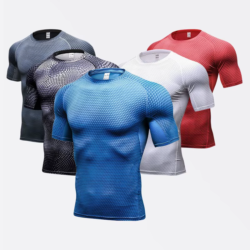 Chemises imprimées à Compression pour hommes, T-Shirt d'entraînement à manches courtes, hauts de course à séchage rapide, chemise d'entraînement athlétique