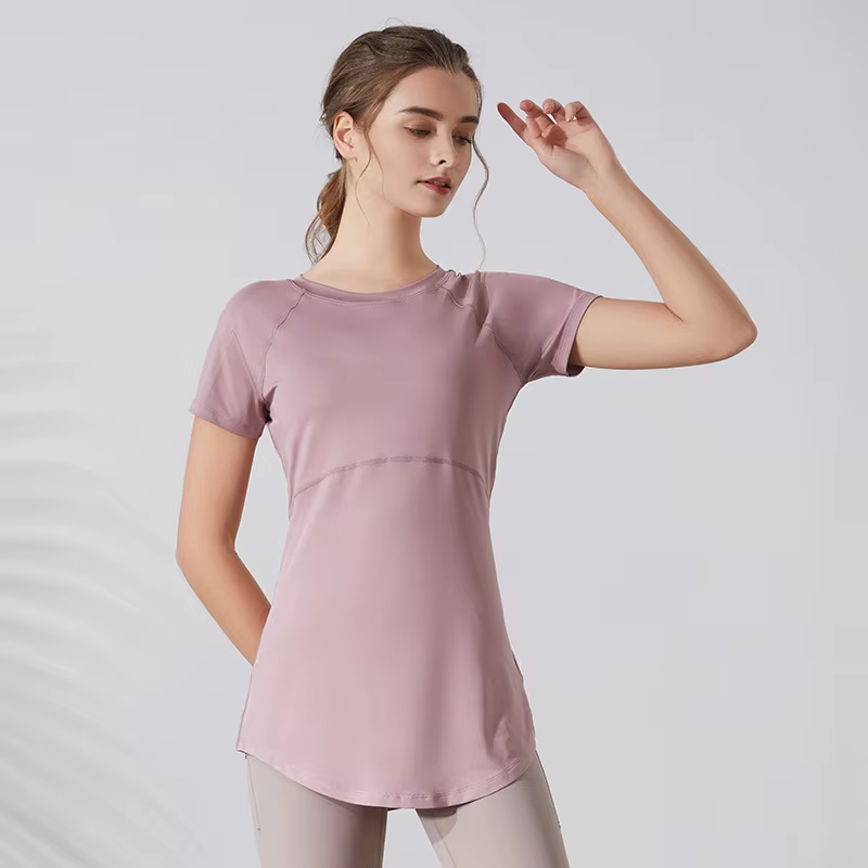 Femmes Yoga chemises manches courtes Sport T-Shirts respirant mince chemise de course séchage rapide gymnase Fitness hauts couverture hanches Blouse femme