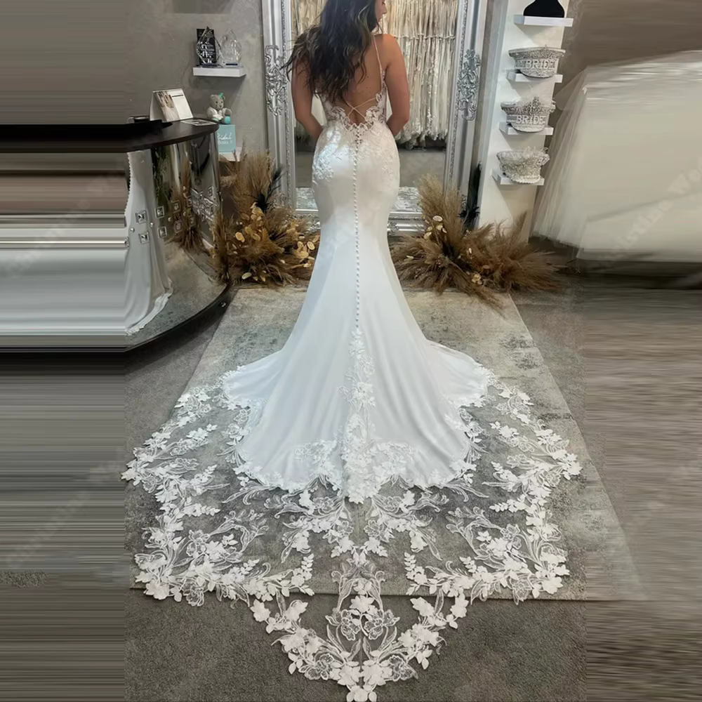 Femmes élégantes Robes De mariée Sexy col en v dentelle impression Robes De sirène longueur De nettoyage princesse Robe De Novias personnalisé