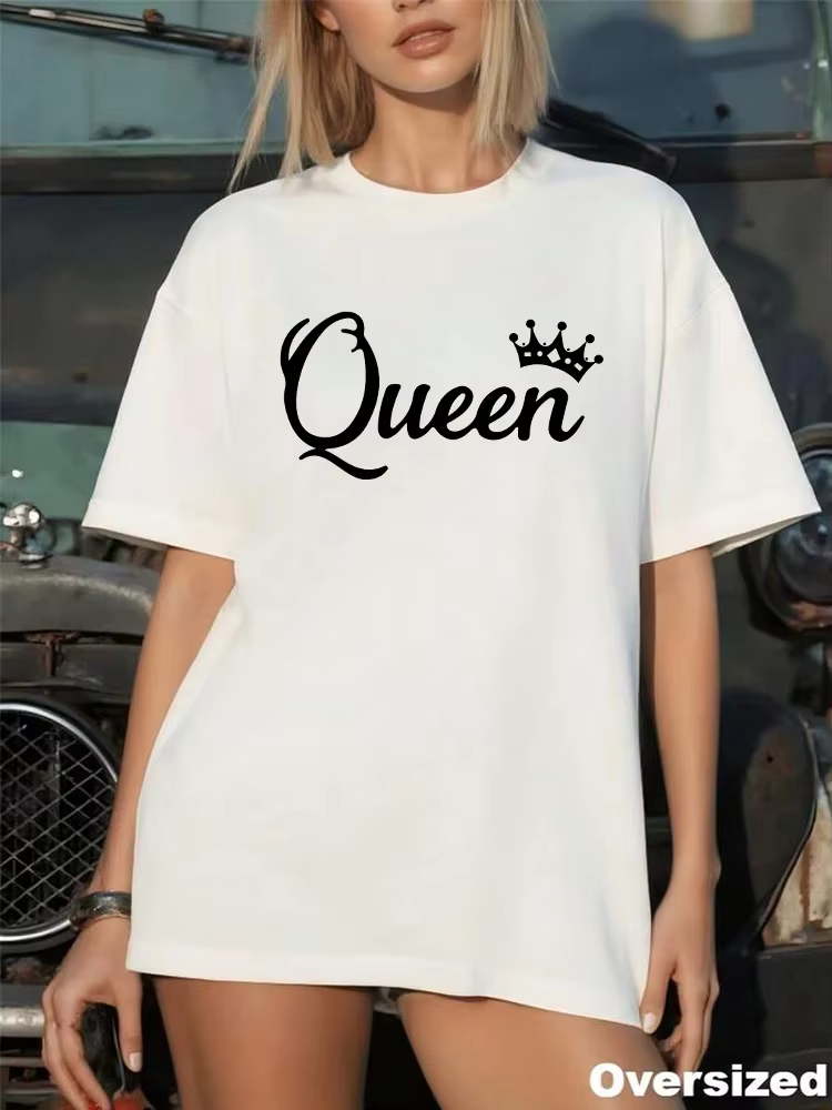 T-shirt Oversize Imprimé Queen 2026 Nouvelle Collection Femme Printemps-Été – Haut Décontracté Quotidien à Manches Courtes en Coton – Vêtements Féminins