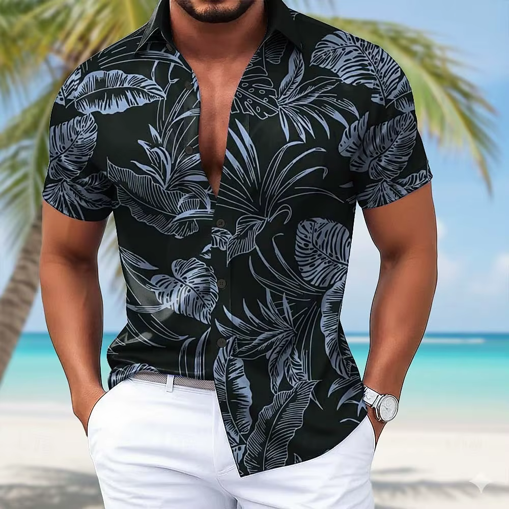 Chemise hawaïenne tropicale à motif feuilles de palmier pour homme