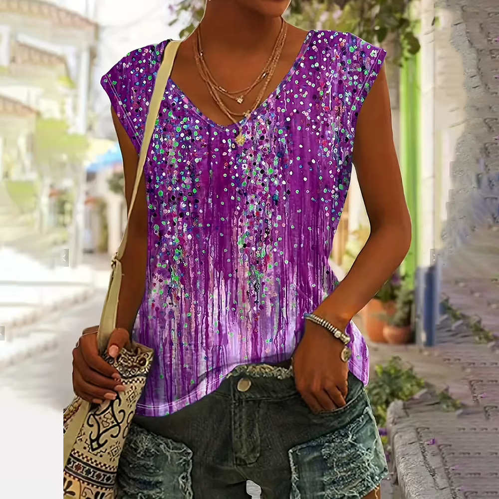 T-shirt à col en V imprimé floral 3D pour femmes