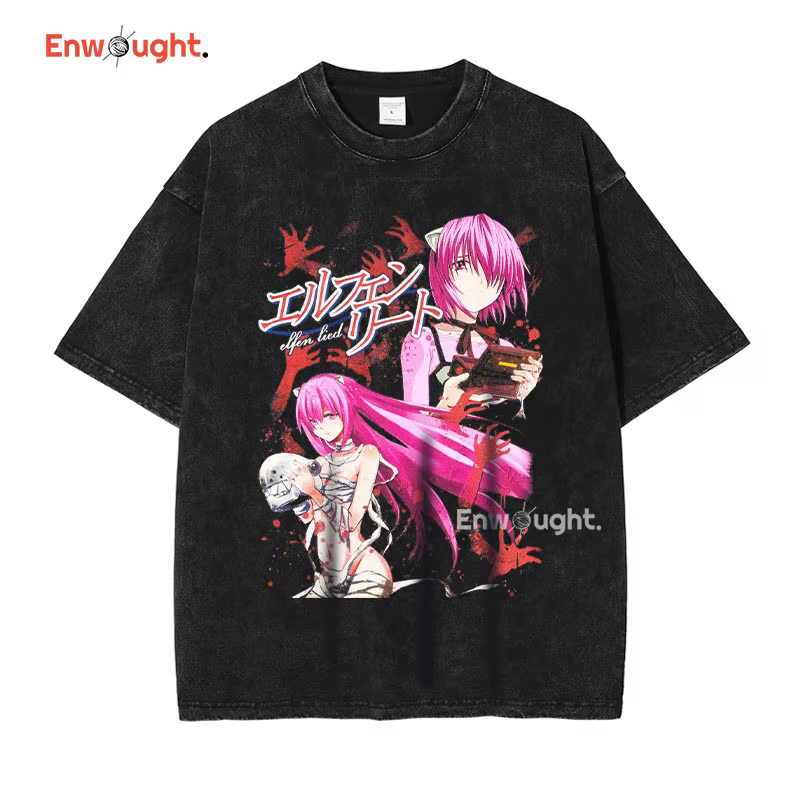 Anime Elfen Lied T-shirt Vintage lavé Y2K Manga motif haut t-shirts surdimensionné à manches courtes DTG impression