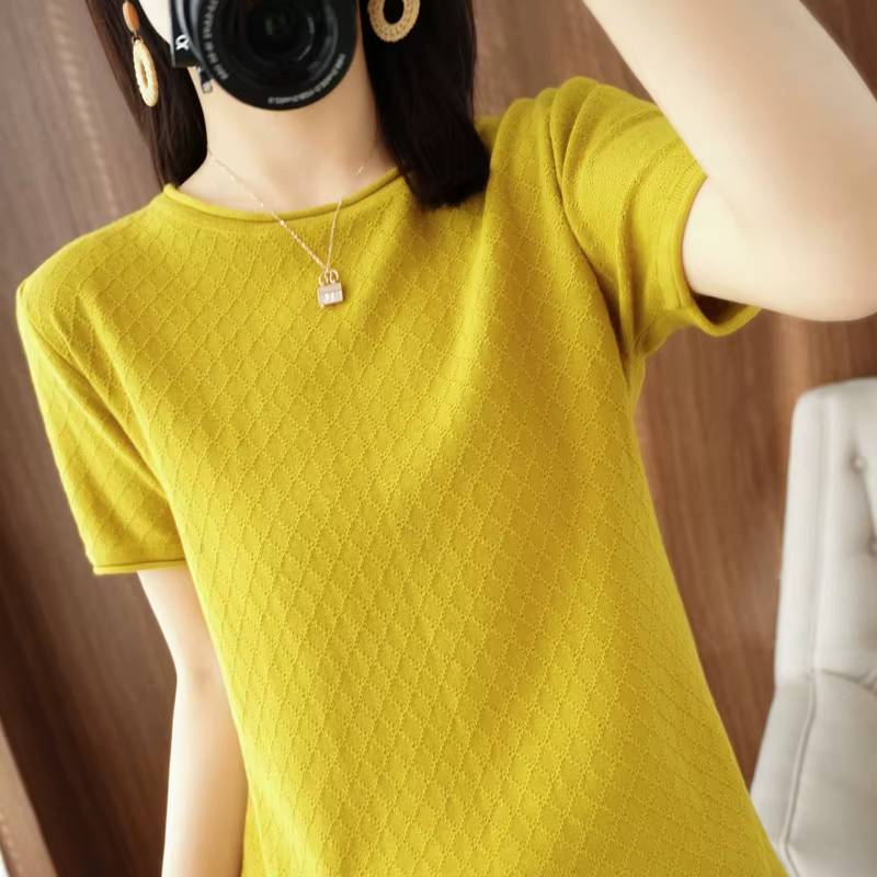 T-shirt femme printemps/été 100% coton pull à manches courtes décontracté roulé col rond dames hauts chemisier ample