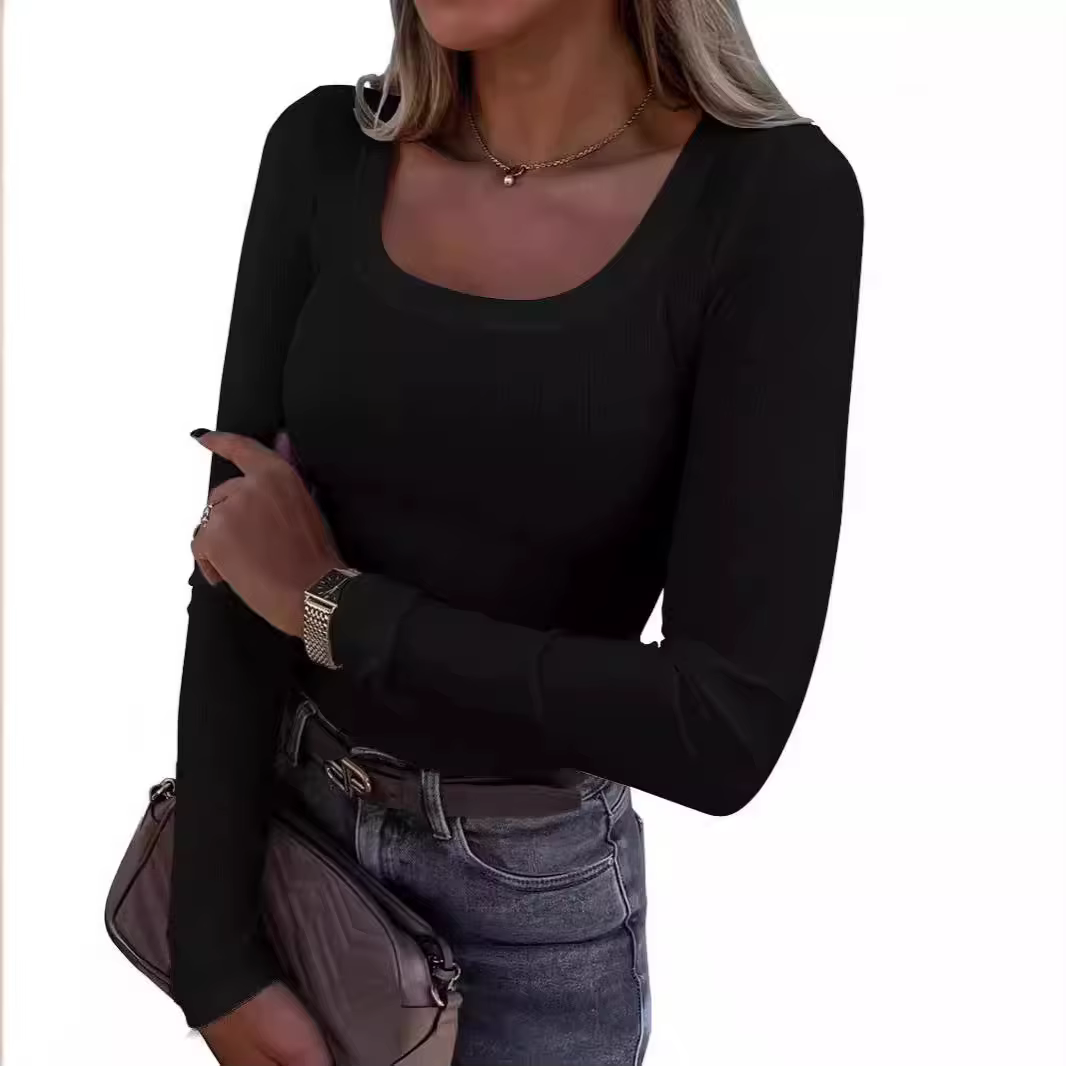 T-shirt à manches longues pour femmes, texture côtelée, coupe ajustée, col en U, décontracté