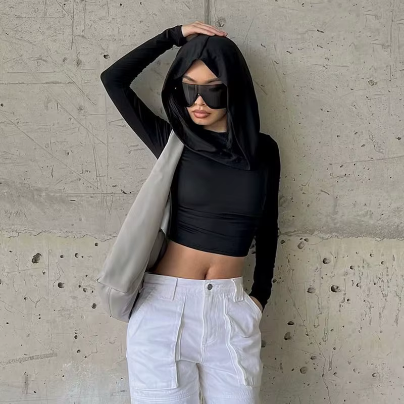 Haut à capuche sexy à manches longues pour femmes, Streetwear simple, Économie basiques minces, Vêtements féminins polyvalents, Mode d'automne, Nouveau