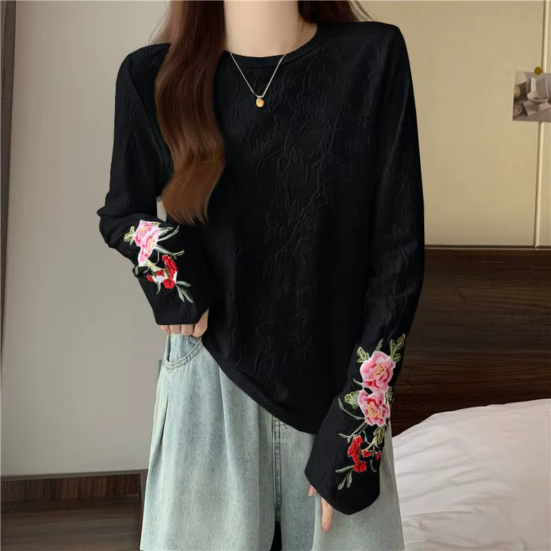 Femmes Style chinois T-shirt broderie Jacquard coupe ample haut printemps automne col rond blouse décontractée pour corps courbé