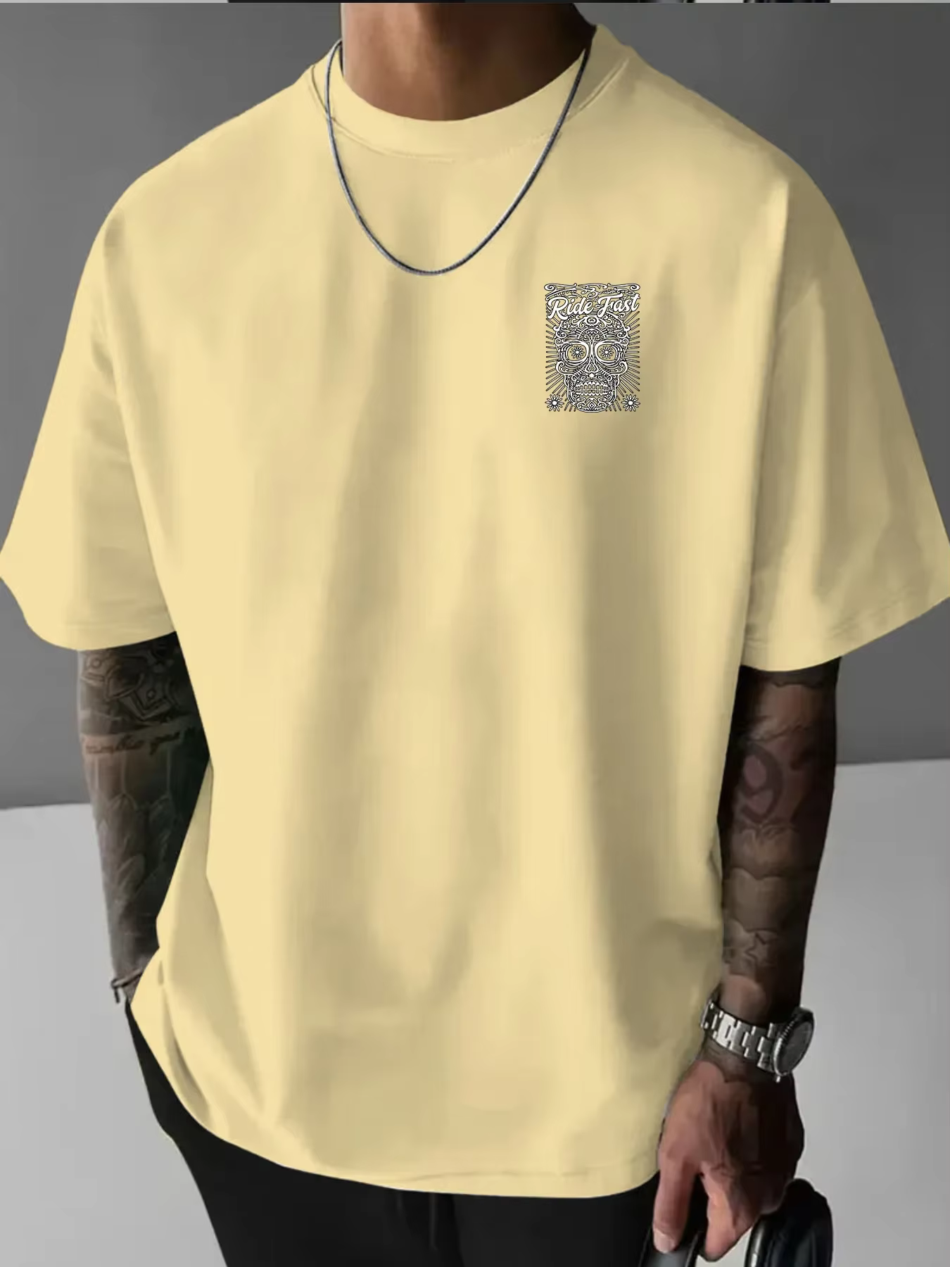 T-shirt Homme Oversize à Motif Crâne 100% Coton Grande Taille Style Urbain Rétro Tatouage Décontracté Respirant Manches Courtes