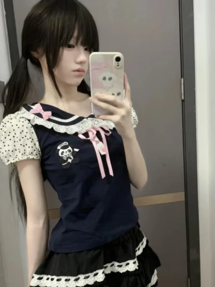 Japonais Y2k dentelle T-shirt femmes Kawaii dessin animé broderie graphique t-shirts Harajuku mode décontracté arc hauts
