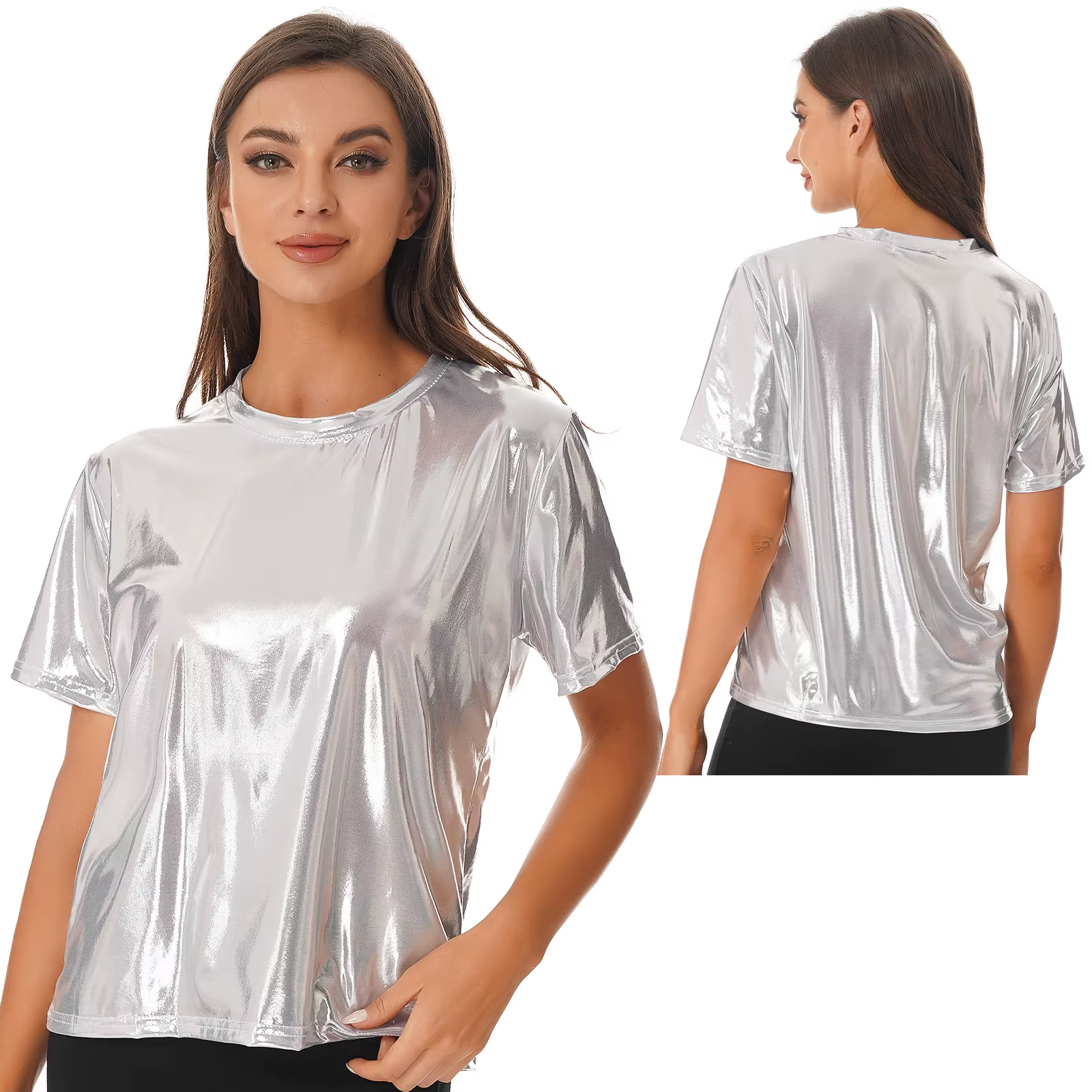 T-shirt métallique brillant à manches courtes pour femmes