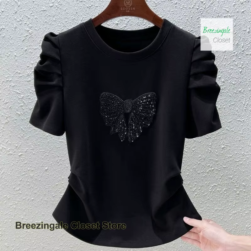 T-shirt à manches bulles avec nœud à la mode française pour femmes