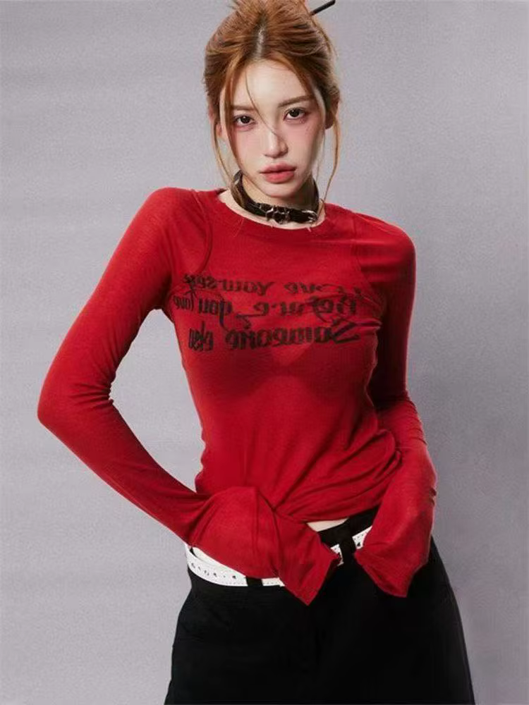Grunge esthétique lettre impression T-shirt Trashy 2000s Style à manches longues rouge