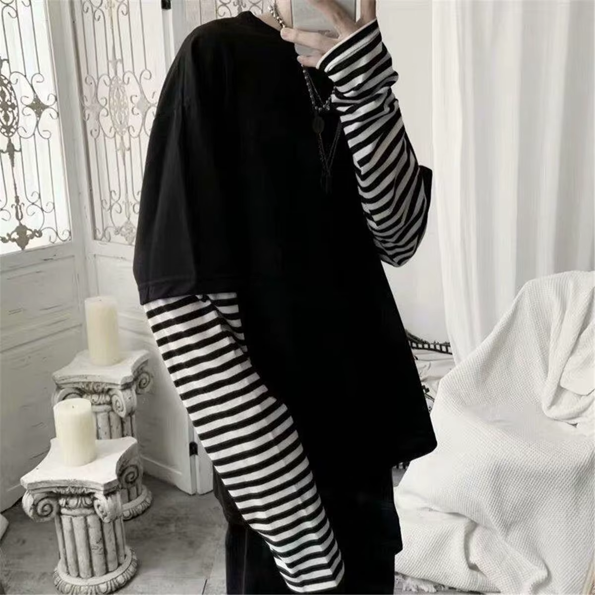 T-shirt patchwork rayé noir pour homme