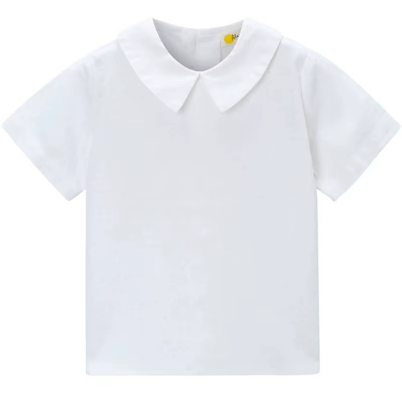 Chemise Blanche à Manches Courtes pour Garçons avec Col à Revers et Passepoil Bleu Marine