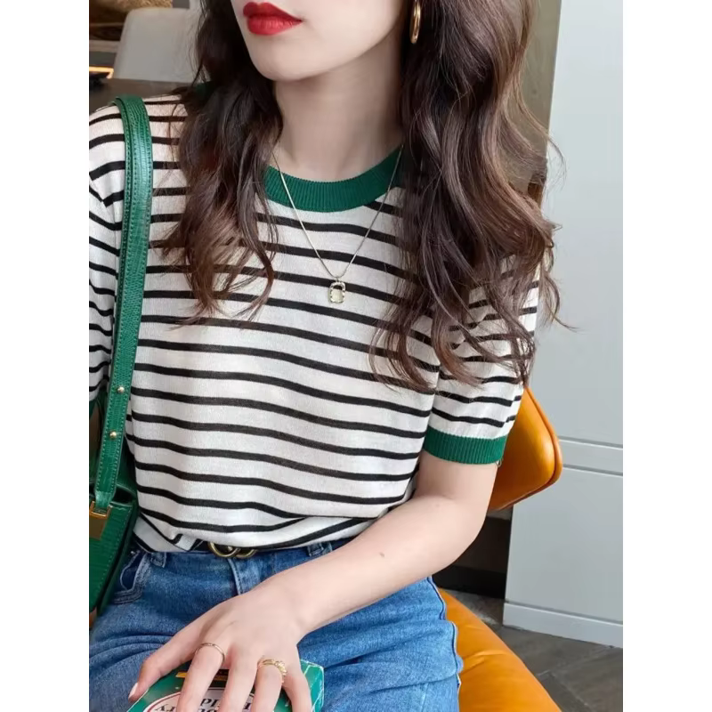 2025 hauts à rayures femmes tricoté col rond été imprimé à manches courtes décontracté Simple sauvage T-Shirt