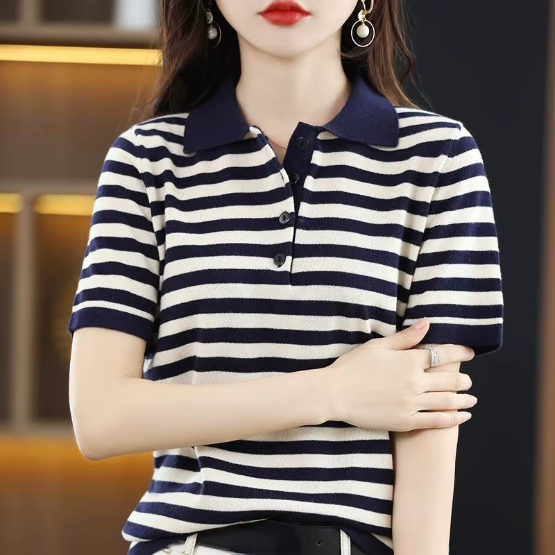 T-shirt femme rayé hauts bouton à manches courtes