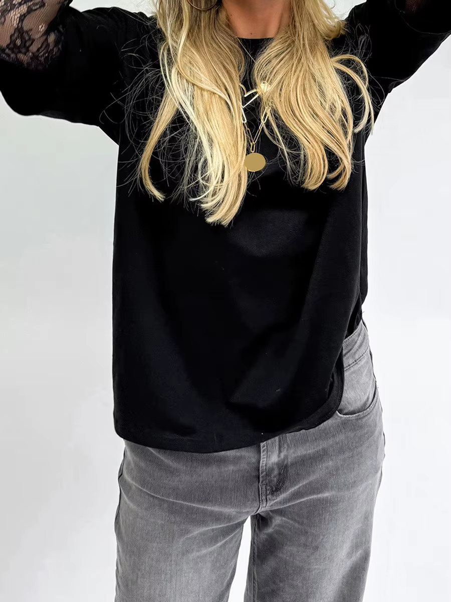 Femmes col rond T-Shirt dentelle à manches longues chemises décontractées printemps automne coupe ample hauts dames couleur unie T-Shirt pour Streetwear Y2K 00s