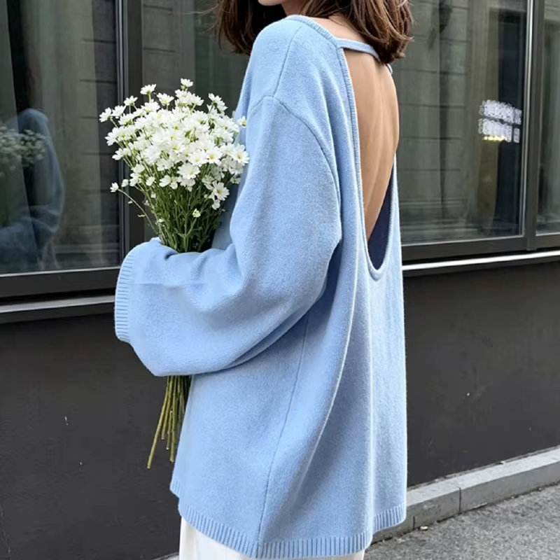 Pull décontracté en maille à col rond, dos ouvert, manches longues, coupe ample, collection automne 2026, mode quotidienne, cardigan polyvalent, haut de tenue