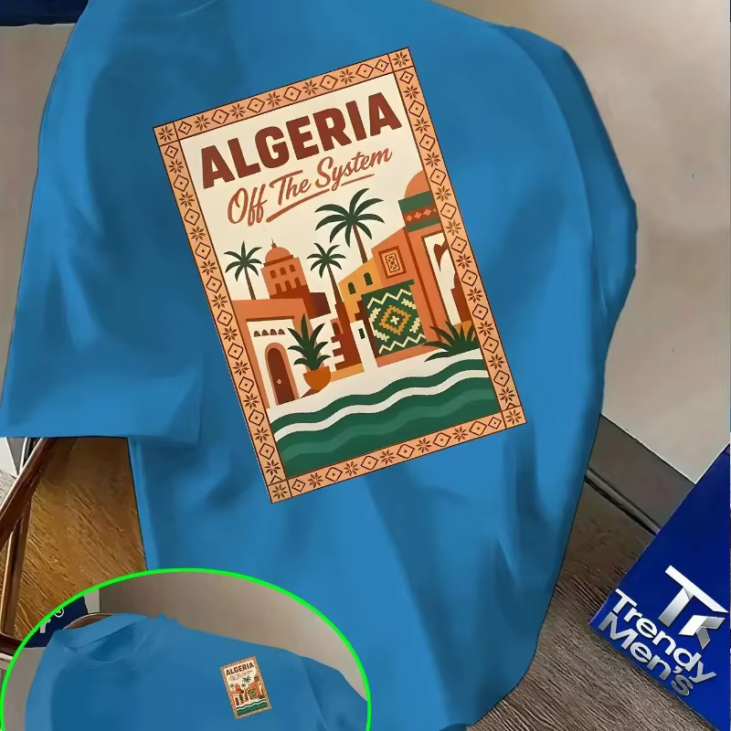 T-shirt rose à motif algérien pour homme - Texte audacieux « Algérie » et design paysage urbain désertique