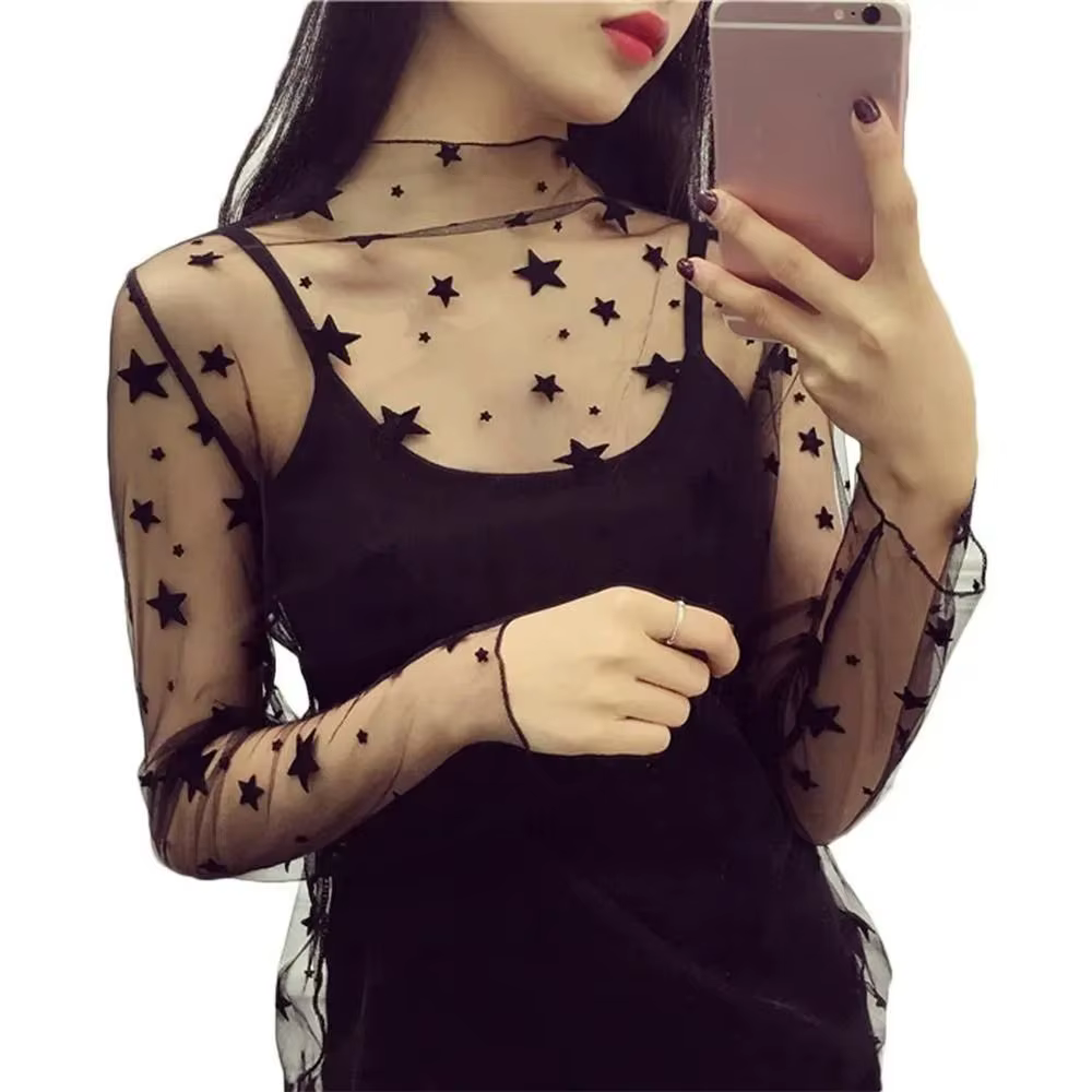 Transparent dentelle T-shirt maille résille à manches longues