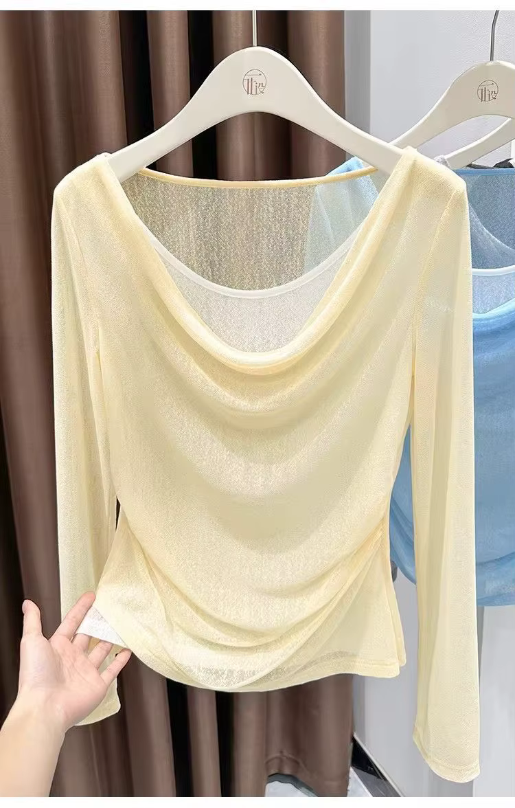 T-shirt à manches longues en tulle bleu clair pour femme