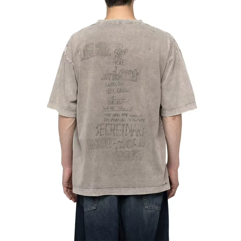 T-shirt à manches courtes pour hommes, col rond dégradé délavé, rétro, décontracté, ample, pour hommes