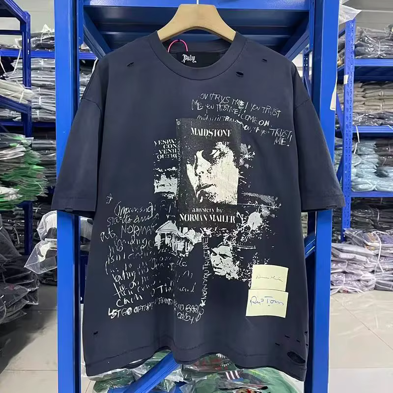 Nouveau Bonne qualité lavé bleu Paly t-shirts hommes femme Vintage haute rue mode col rond trou vieux endommagé haut t-shirt à manches courtes