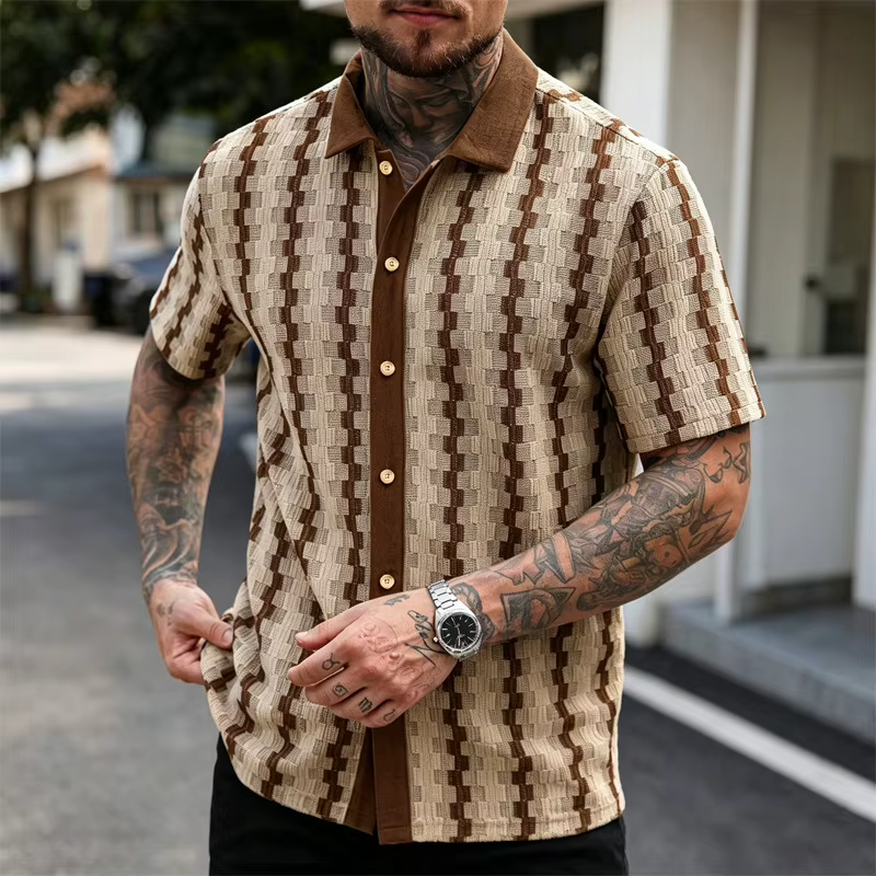 Chemise d'été 2026 pour homme, tricotée à carreaux rétro, à manches courtes, haut polyvalent décontracté et élégant