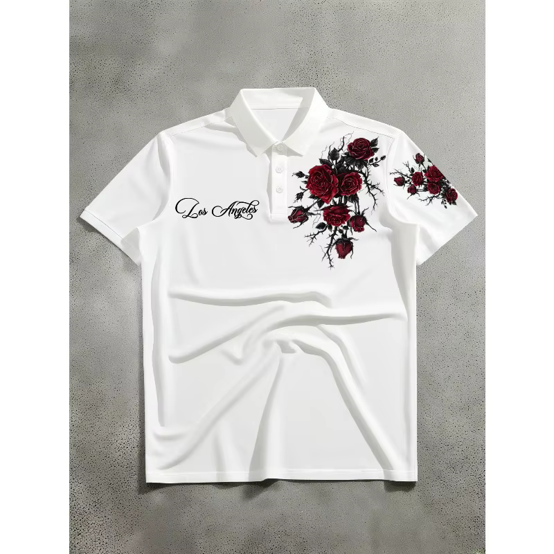 Polo à manches courtes pour homme avec imprimé de roses rouges et de épines