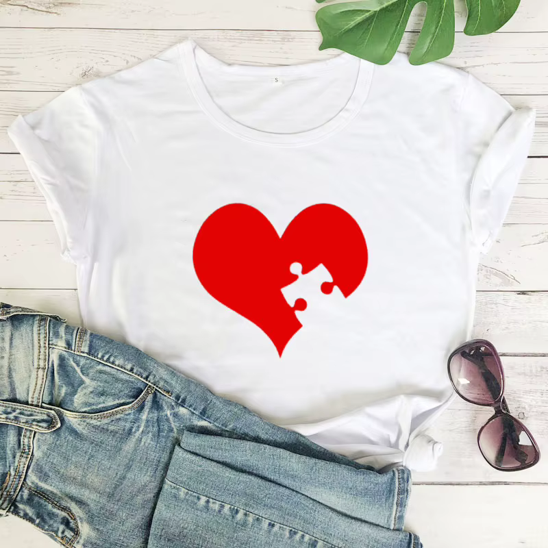 Puzzle coeur rouge imprimé Couple t-shirt amoureux à manches courtes col rond
