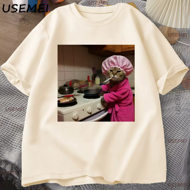 Drôle femme au foyer chat T-Shirt Vintage coton à manches courtes Gen Z blague