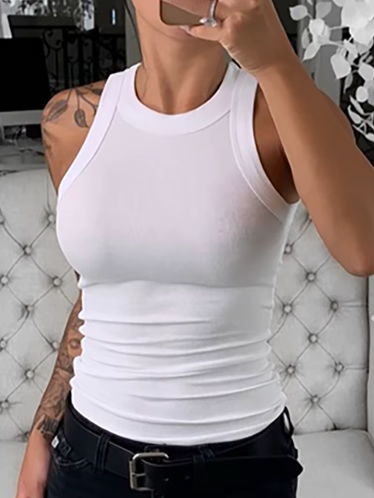 Femmes solide col rond côtelé débardeur Camisole