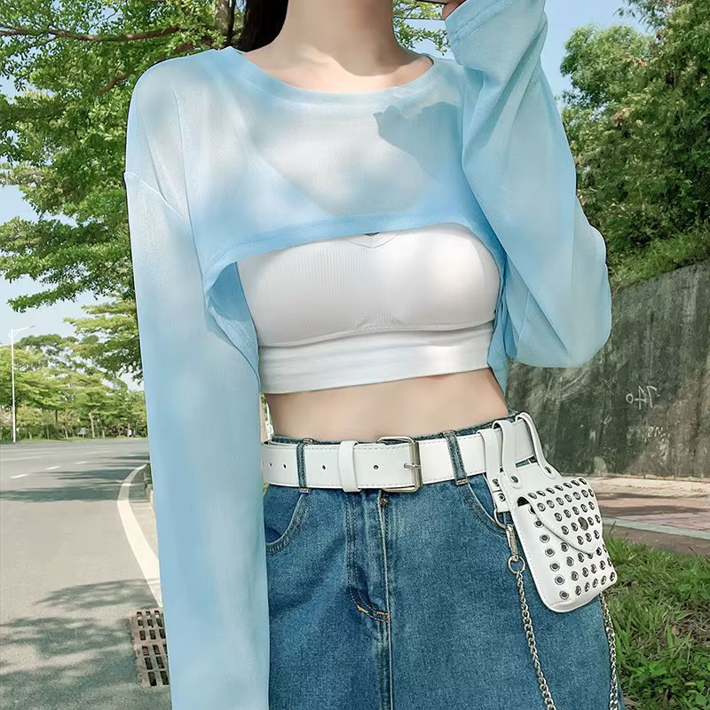 T-shirt transparent à manches longues et col rond pour femme