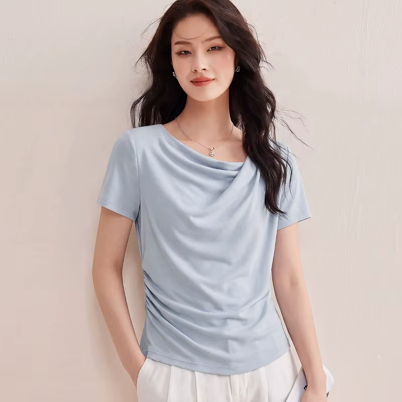 T-shirt en Lyocell pour femme, col drapé, froncé sur les côtés, coupe ajustée, uni, manches courtes, élégant, décontracté, basique, pour l'été