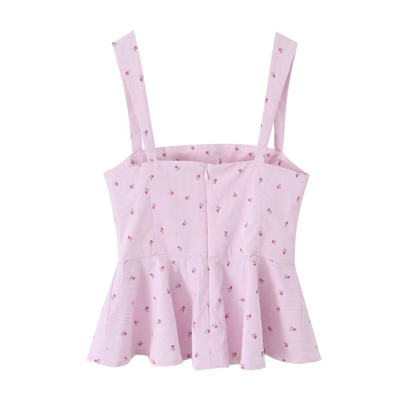 Débardeur Cami Rose à Motifs Floraux pour Femme - Style Bustier Corset Plissé Rayé