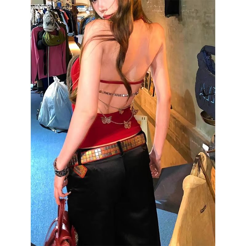 MEXZT Y2K rouge débardeur femmes Streetwear Sexy dos nu noir haut à licou été Gyaru Coquette esthétique Grunge chaîne Camis nouveau