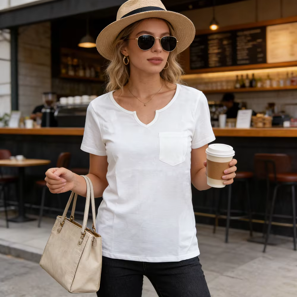 T-shirt blanc à col en V pour femme avec poche poitrine – Coupe décontractée