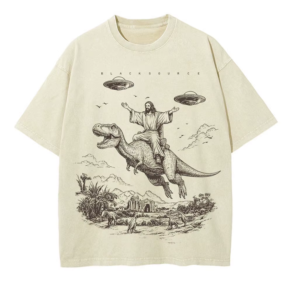 T075 dessin animé dinosaure imprimé mode T-Shirt femmes unisexe lavage en détresse Vintage