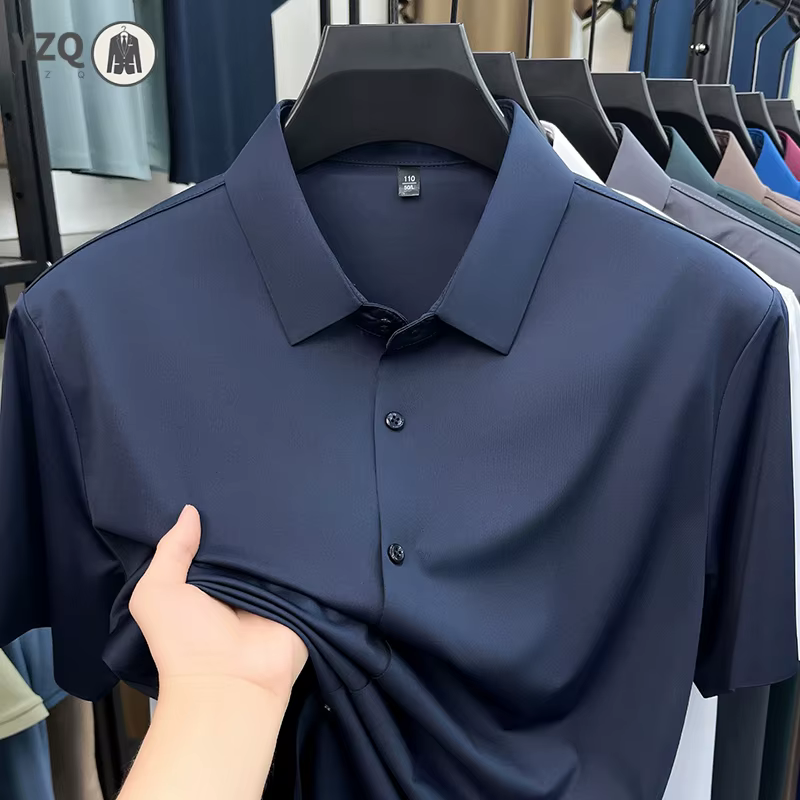 Chemise homme haut de gamme à manches courtes en soie glacée infroissable pour le bureau et le quotidien